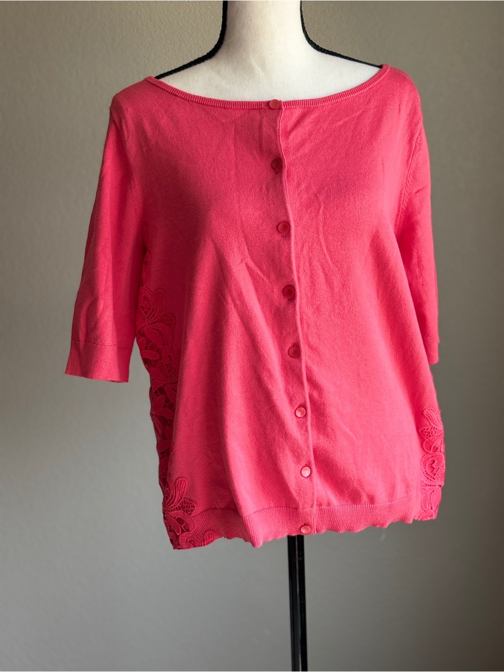 Talbots Coral Pink Button-Up Front Knit Cotton Elbow sleeves Cardigan ladies L